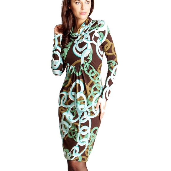 COWL NECK STRETCH DRESS LONG SLEEVE MADE IN EUROPE - Picture 2 of 5